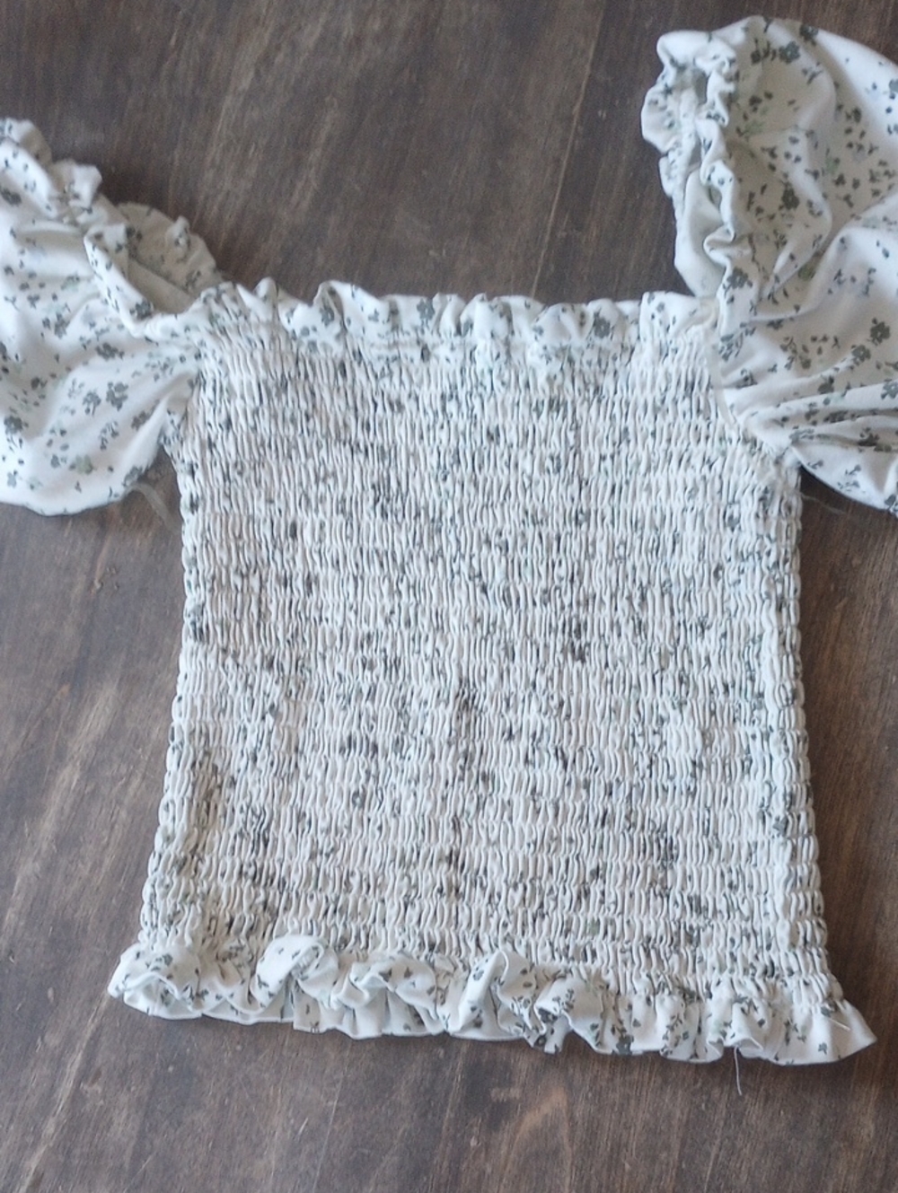 White Floral Smocked Puff-Sleeve Crop Top